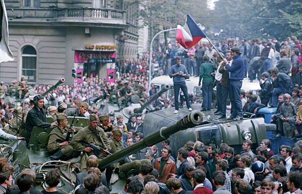 Troops of the Soviet Union and its Warsaw Pact allies invaded Czechoslovakia on August 21, 1968, to halt political liberalization in the country called the Prague Spring. Prague residents block tanks during confrontation between the Soviet troops and protesters near the Czechoslovak Radio headquarters. CTK Photo/Libor Hajsky